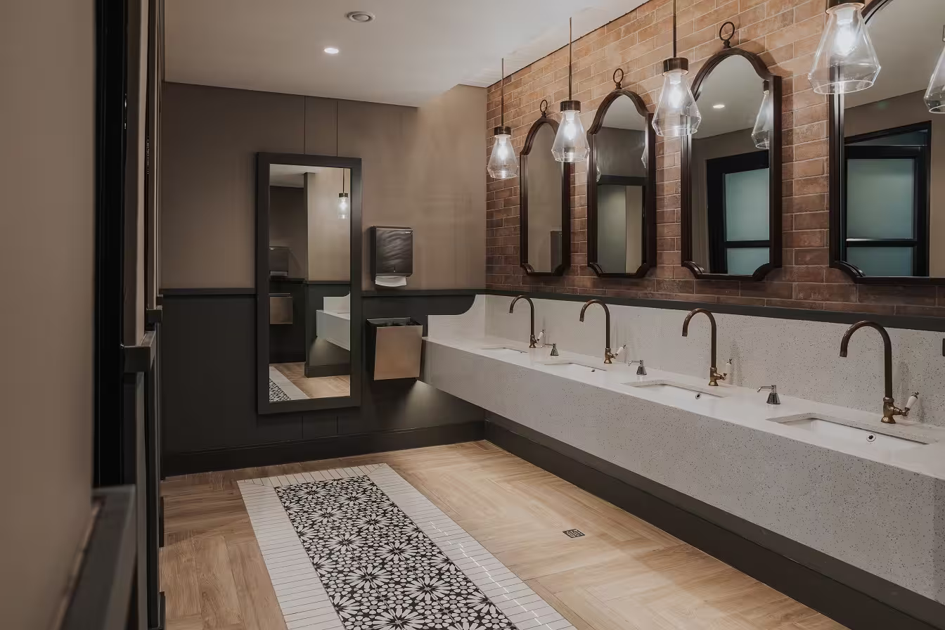 Modern bathroom with four white sinks, bronze faucets, arched mirrors, pendant lights, and patterned floor tile.