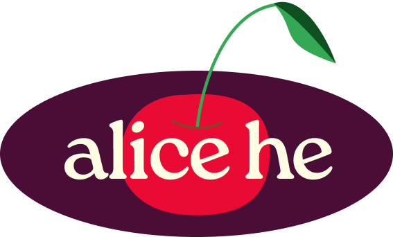 An oval with a single cherry in the background, and alice he as the text.