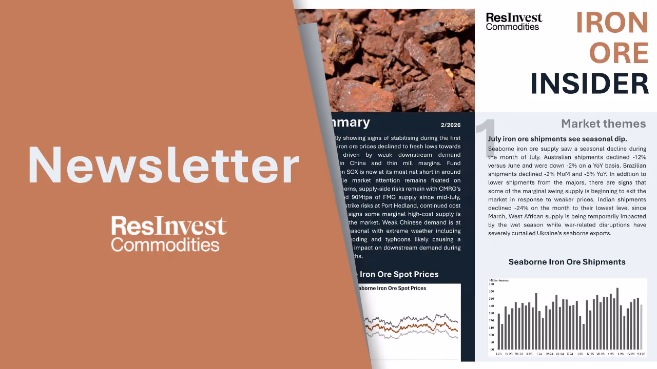 Iron Ore Insider issue 2 cover showing iron ore rocks, July shipments headline, and Seaborne Iron Ore Shipments chart
