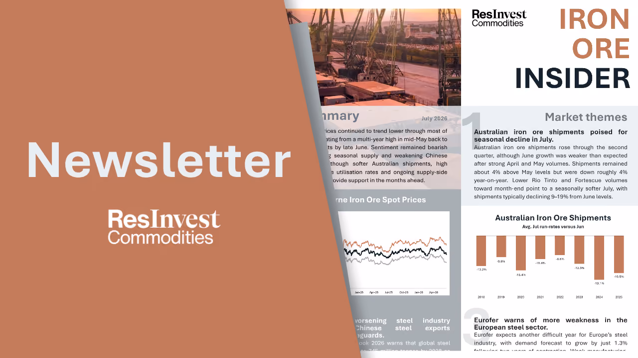 Iron Ore Insider issue 1 cover showing port cranes, Australian shipments headline, and shipment data chart