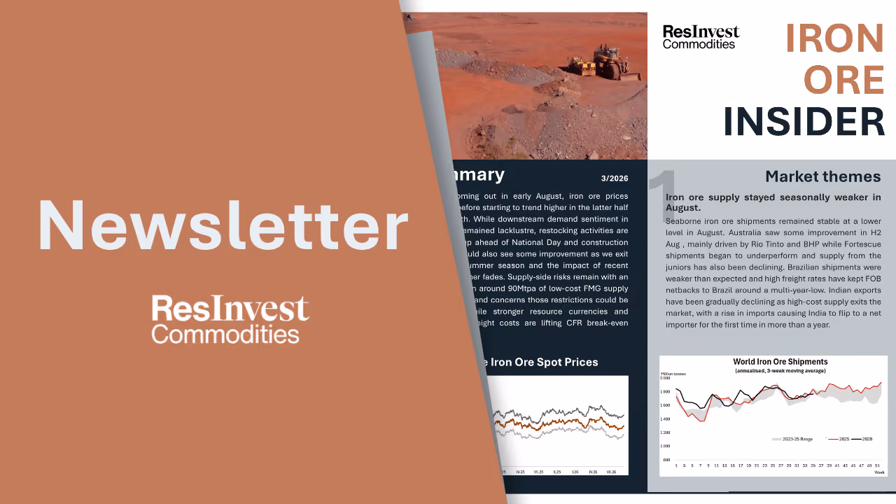 Iron Ore Insider issue 3 cover showing mining machinery, August supply headline, and World Iron Ore Shipments chart