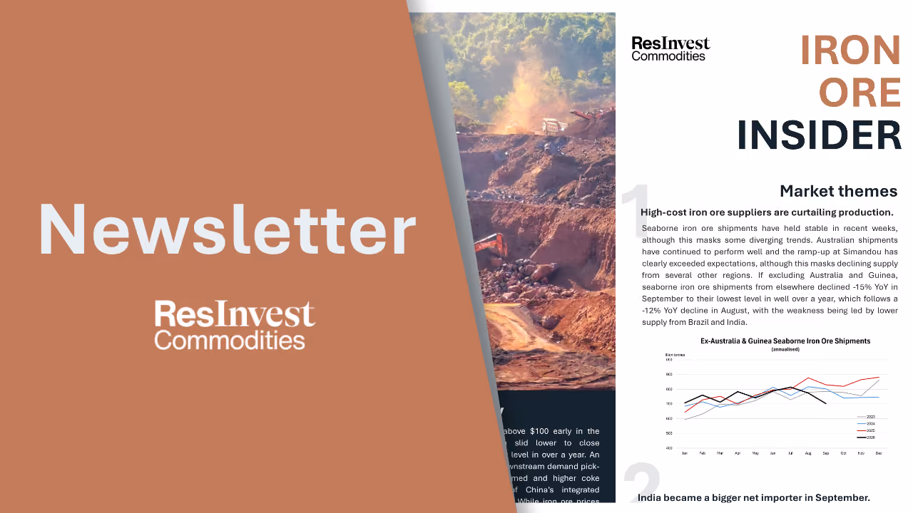 Iron Ore Insider issue 4 cover showing open-pit mining machinery, September supply headline, and Ex-Australia & Guinea Seaborne Iron Ore Shipments chart