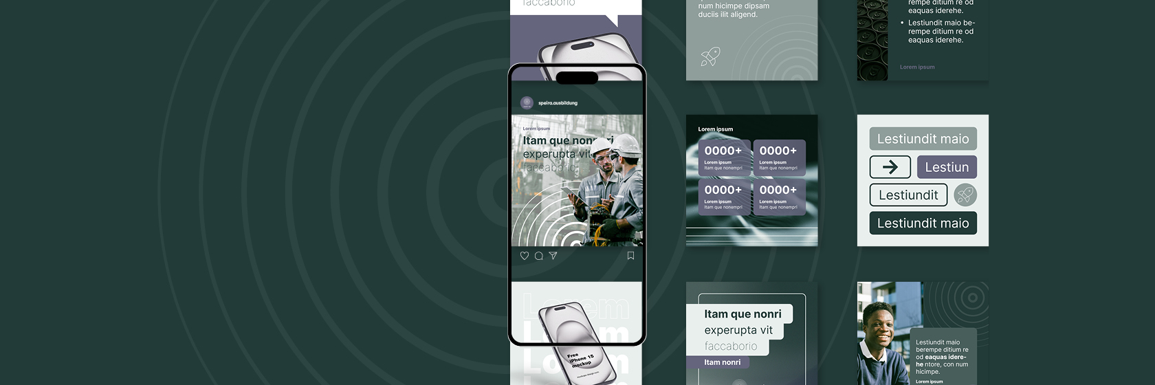 Eine Collage von Social-Media-Designvorlagen, die wir für Speira erstellt haben. Die Post-Designs bestehen aus verschiedenen Elementen wie Infografiken, Icons, Fotos, Textbausteine, Logo usw. In einem Smartphone-Mockup ist der Kanal "speira.ausbildung" zu lesen. Die Designs sind in den Speira-Farben gehalten und zeigen verschiedene Grüntöne sowie einen dunklen Lavendel-Farbton. Hinter der Collage erstreckt sich das Speira-Logo auf grünem Grund.