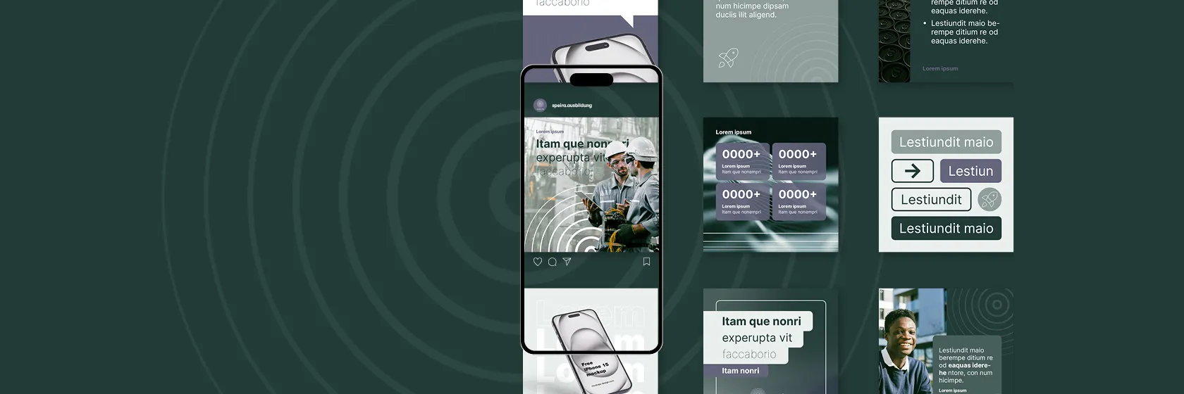 Eine Collage von Social-Media-Designvorlagen, die wir für Speira erstellt haben. Die Post-Designs bestehen aus verschiedenen Elementen wie Infografiken, Icons, Fotos, Textbausteine, Logo usw. In einem Smartphone-Mockup ist der Kanal "speira.ausbildung" zu lesen. Die Designs sind in den Speira-Farben gehalten und zeigen verschiedene Grüntöne sowie einen dunklen Lavendel-Farbton. Hinter der Collage erstreckt sich das Speira-Logo auf grünem Grund.