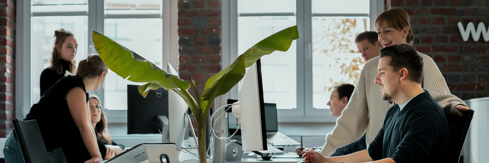 Blick auf einen Bereich in der Kreation. In der Mitte trennt eine Pflanze das Bild. Links davon besprechen Christine und Isabel etwas an Isabels Platz. Rechts von der Pflanze sitzt Christian am Rechner und zeigt Sabrina etwas, die lacht. Im Hintergrund zeigt Johanna Philippe etwas an ihrem Rechner.