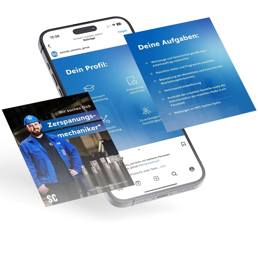 Instagram-Jobanzeige auf Smartphone-Bildschirm mit Berufsprofil und Aufgaben für Zerspanungsmechaniker, daneben Bild eines lächelnden Mannes in blauer Arbeitskleidung und Helm.