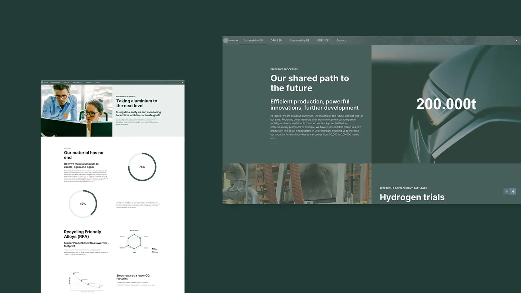 Two sections of the website: on the left, two people in front of screens with text about aluminum recycling and sustainability, on the right, text about a common future, efficient production, 200,000 tons of capacity and hydrogen tests with technical-industrial images.