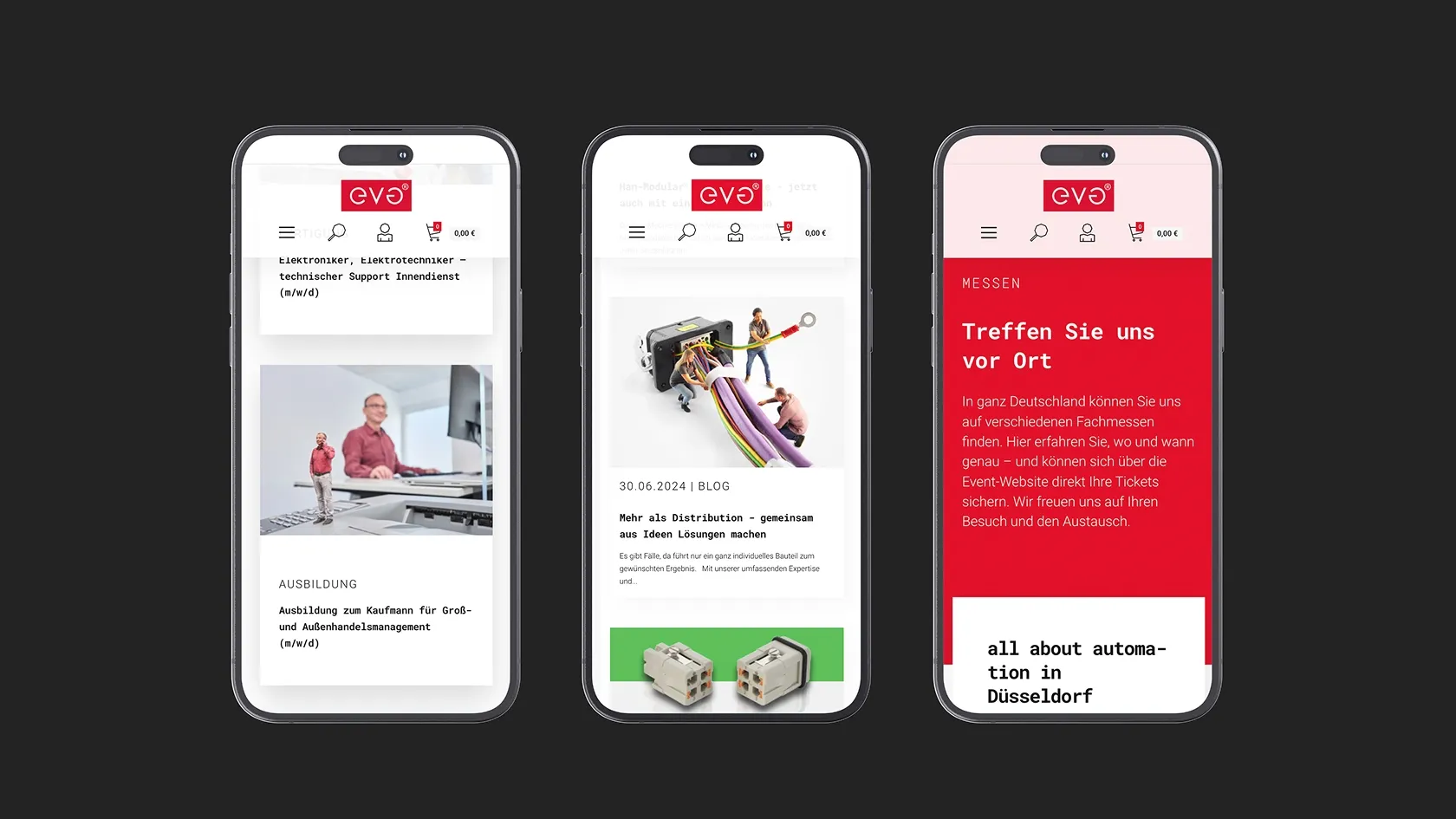 Three smartphones show different pages of the eve website with career information, blog post and trade fair announcement in German.