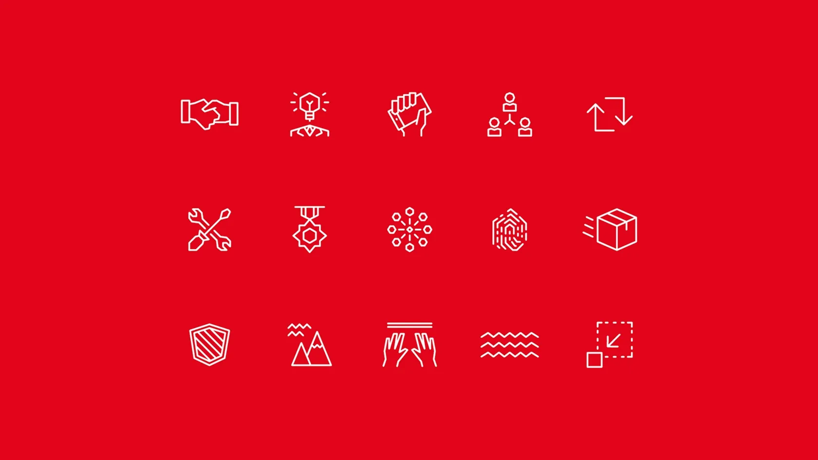 Three-row arrangement of white icons on a red background, including hands, light bulb, fist, networking, tool, award, network, fingerprint, package, sign, mountains, hands with lines, waves, and zoom out icon.