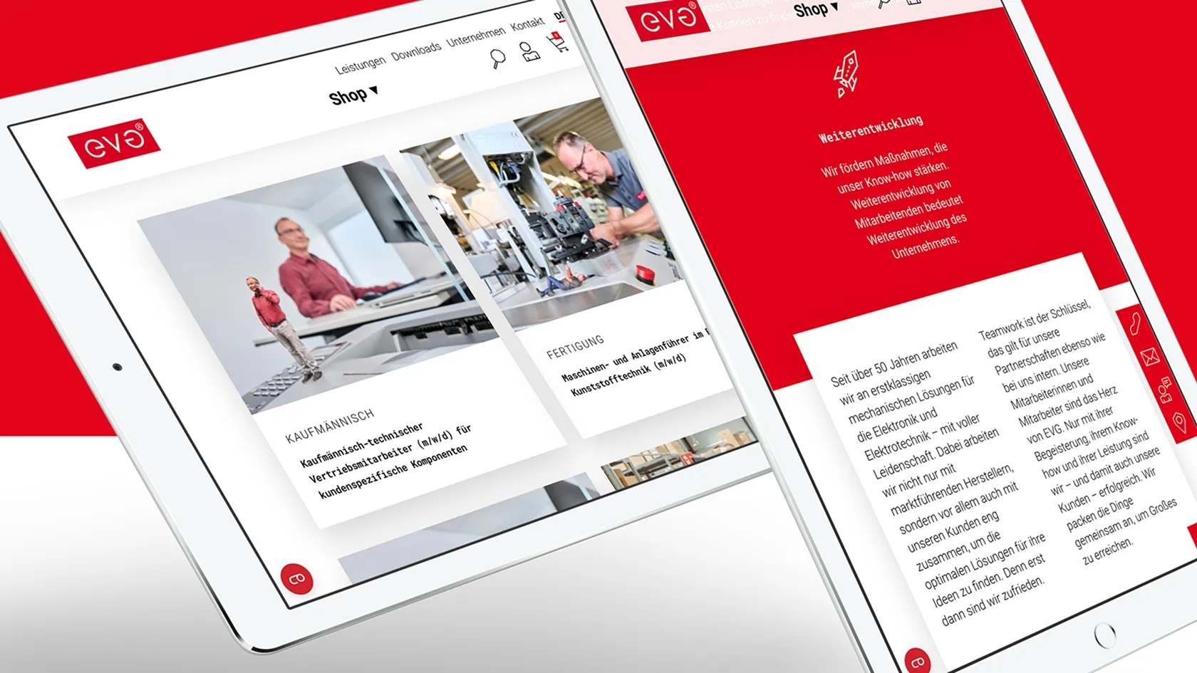 Two tablets show a website with job offers and company information from EVG against a red background.