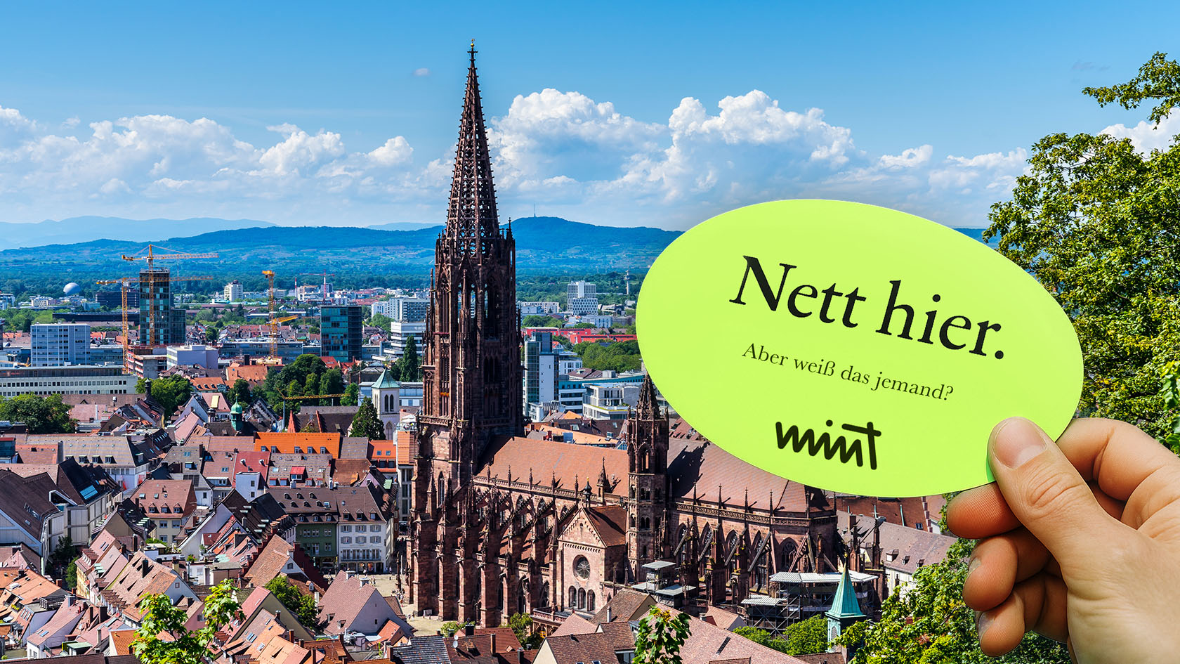 Bild des Stadtzentrums von Münster, davor eine Hand die einen Sticker hält auf dem steht "Nett hier. Aber weiß das jemand?" MINT