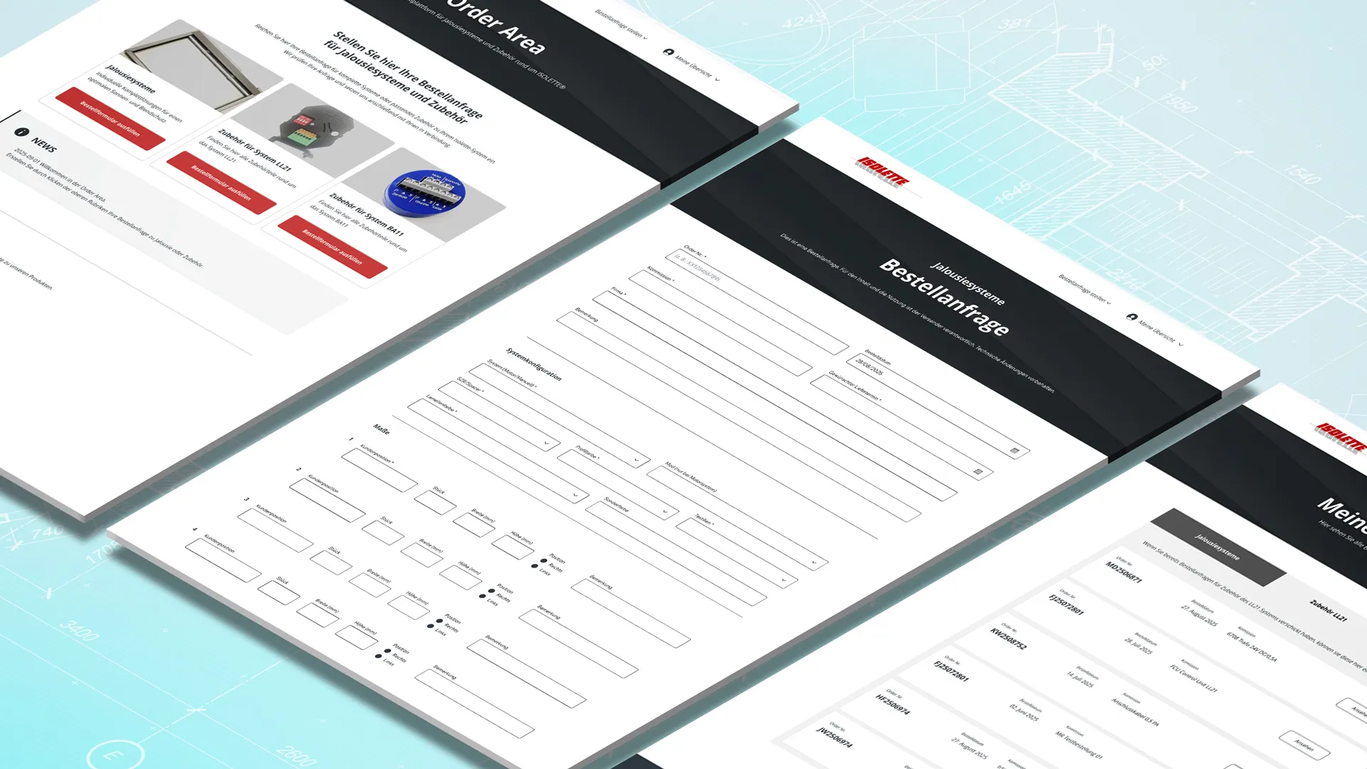 Three screen views of an order form website for shutter systems with input fields, product images and lists.