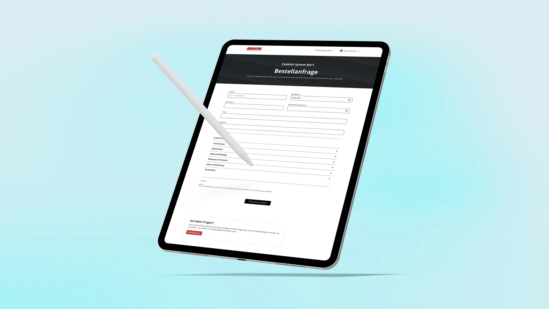 Tablet shows an order form for BA11 system accessories with a digital pen against a blue background.