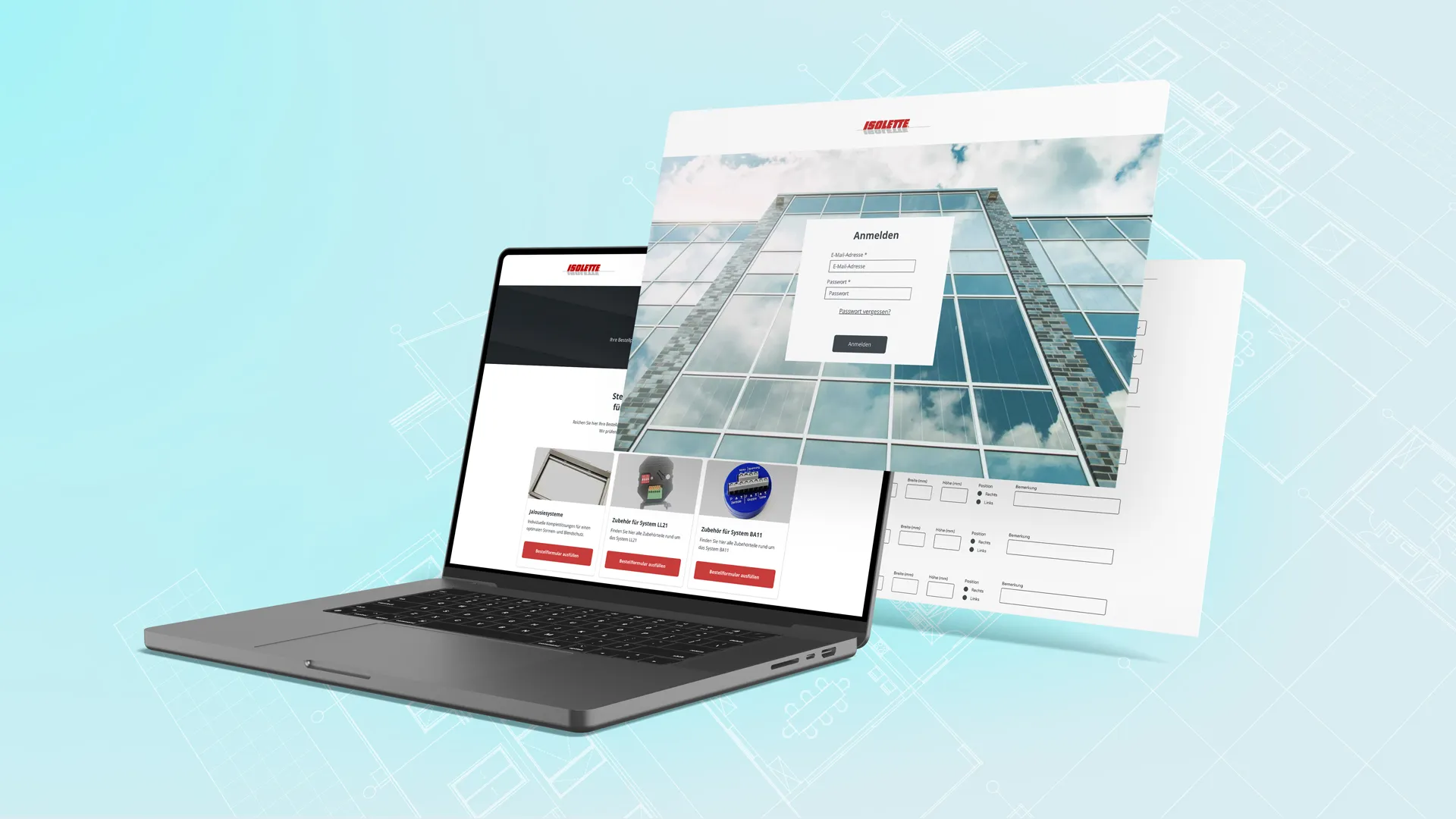 Laptop shows a login page and product order forms against a background of technical building schemes.