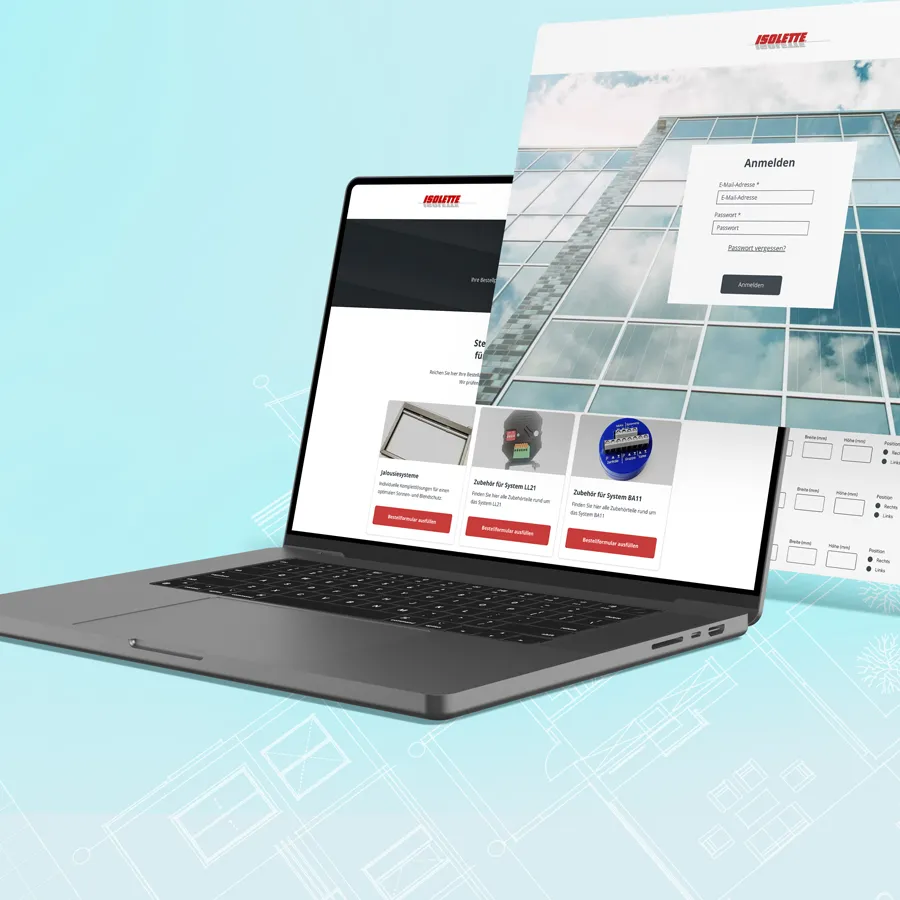 Black laptop with open Isolette web pages, including a registration form page and product order forms against a light blue background with technical drawings.