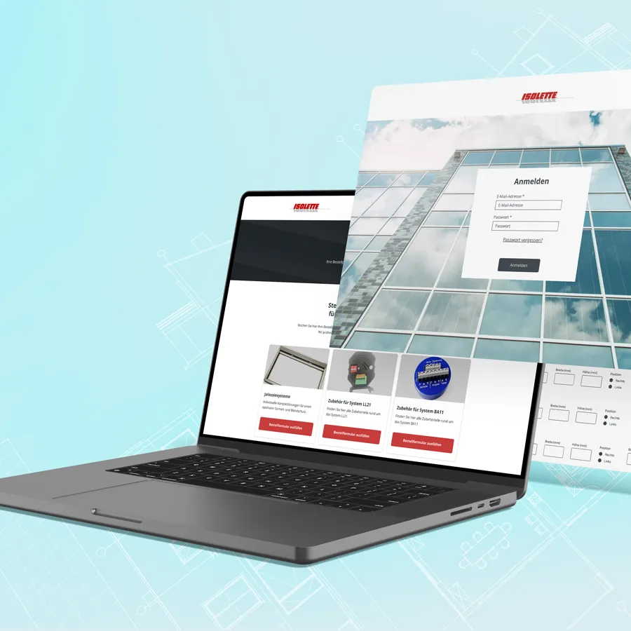 Laptop shows an order page and a registration form with building mirrors in the background on a light blue background.