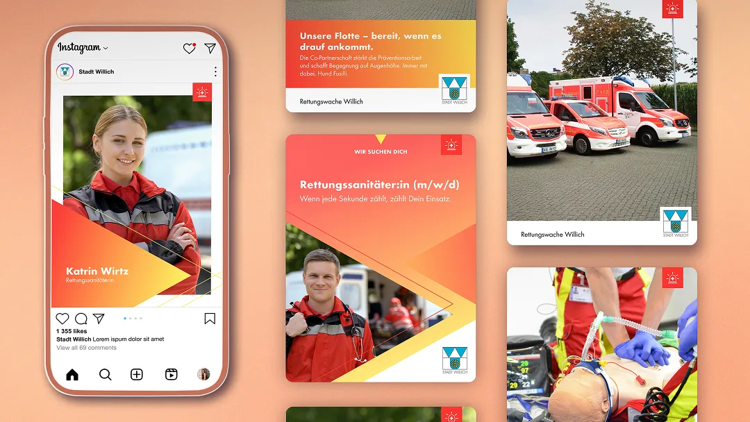 Instagram post from the city of Willich with a paramedic and an ad to apply as a paramedic, surrounded by pictures of ambulances and a resuscitation on a doll.