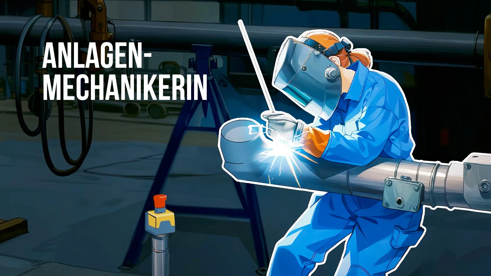 Eine Anlagenmechanikerin in blauer Schutzkleidung schweißt ein Rohr in einer Industrieumgebung.