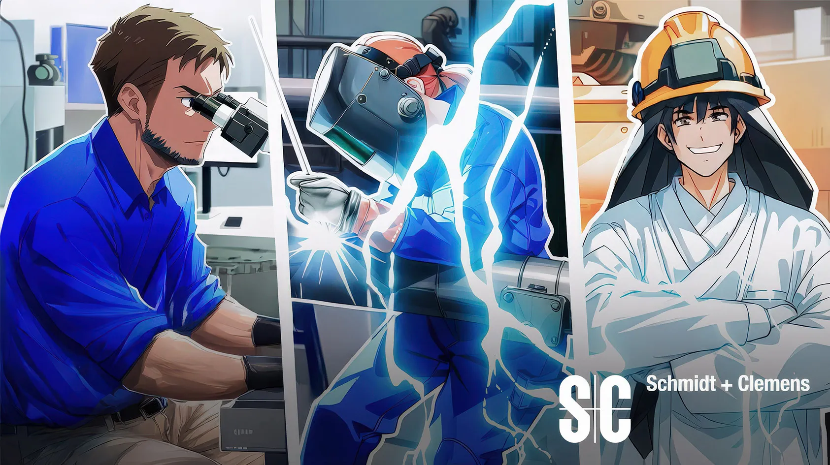 Drei animierte Figuren: Links ein Mann in blauem Hemd, der durch ein Mikroskop schaut, Mitte eine Person beim Schweißen mit Schutzmaske, rechts eine Person mit orangehellem Helm und weißer Arbeitskleidung, die lächelt.