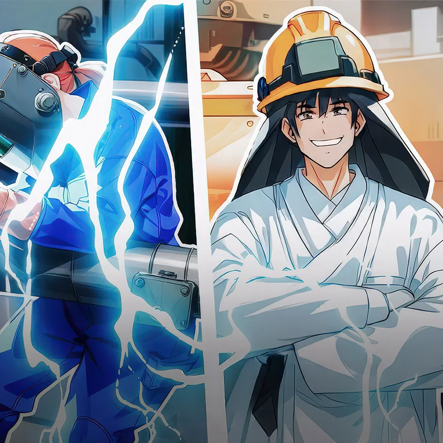 Smiling animated figure in white kimono with crossed arms and yellow helmet.