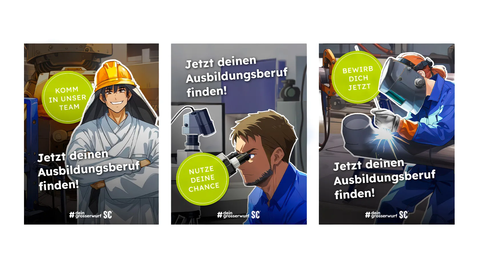 Drei Illustrationen von Auszubildenden in technischen Berufen: ein fröhlicher junger Mann mit Helm in Arbeitskleidung, ein Mann, der durch ein Mikroskop schaut, und eine Person mit Schweißschutzhelm, die eine Schweißarbeit an einem Rohr durchführt.