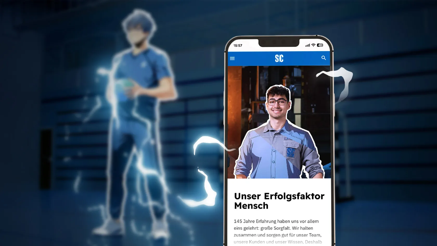 Smartphone zeigt ein Bild eines lächelnden Mannes mit Brille und blauem Hemd, daneben eine verschwommene Person in Sportkleidung mit leuchtenden Umrissen.