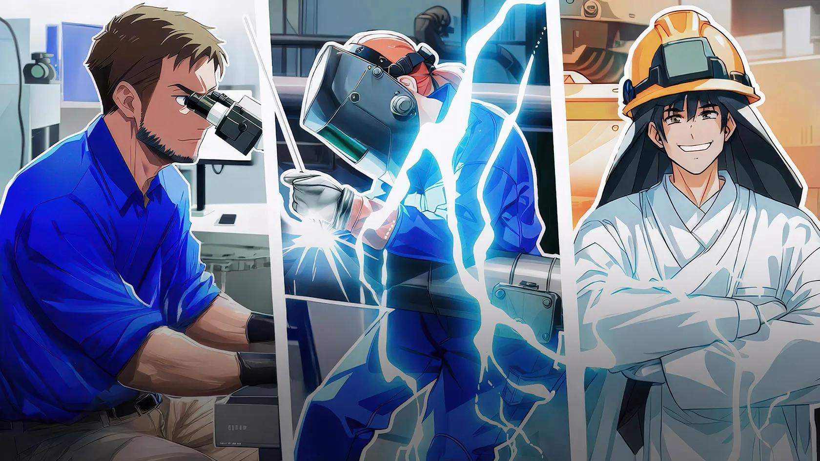 Drei illustrierte Facharbeiter: Ein Mann beobachtet durch ein Mikroskop, eine Person schweißt mit Schutzhelm, und ein lächelnder Arbeiter trägt weißen Schutzanzug und Helm.