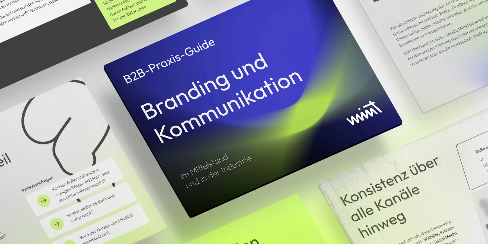 Buchcover mit dem Titel 'B2B-Praxis-Guide Branding und Kommunikation im Mittelstand und in der Industrie' auf blau-grünem Hintergrund.