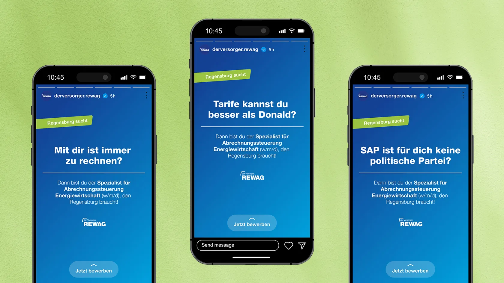 Three smartphones show Instagram stories from REWAG with job advertisements for energy industry billing management specialists in Regensburg.