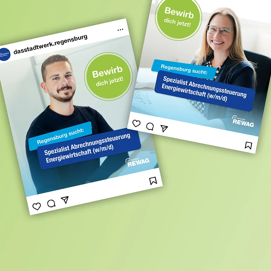 Instagram-Posts von dasstadtwerk.regensburg mit Stellenanzeige für Spezialist Abrechnungssteuerung Energiewirtschaft, Bewerben Sie sich jetzt.