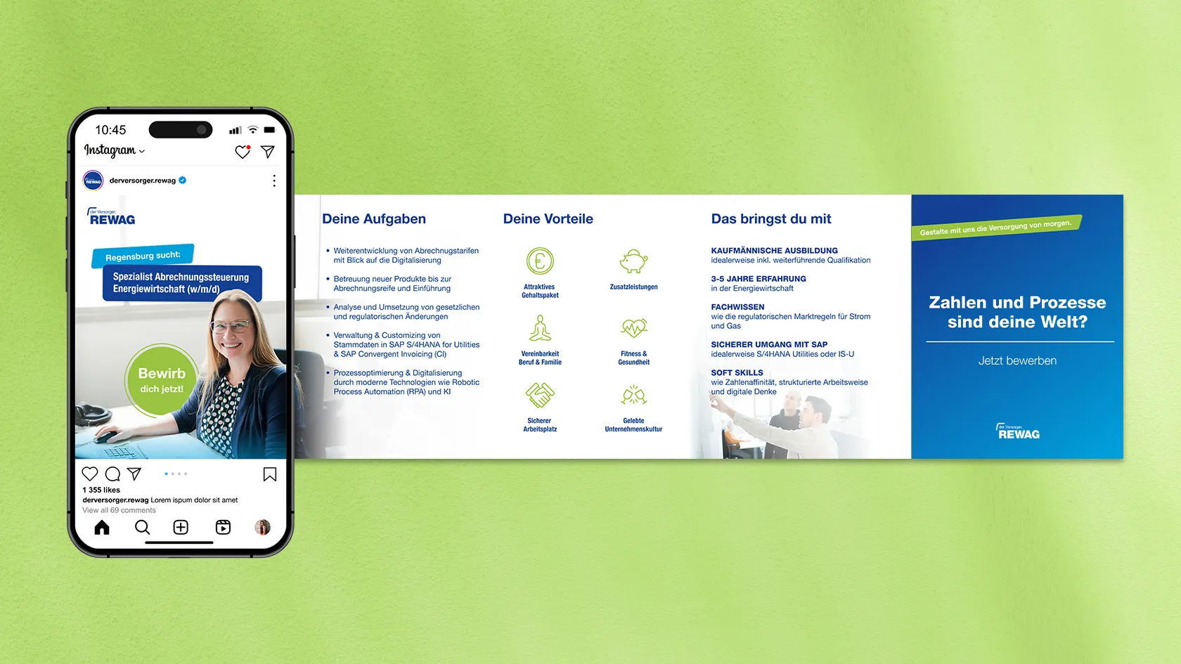 Instagram job ad from REWAG for specialist billing management energy industry with tasks, benefits and requirements, call for applications.