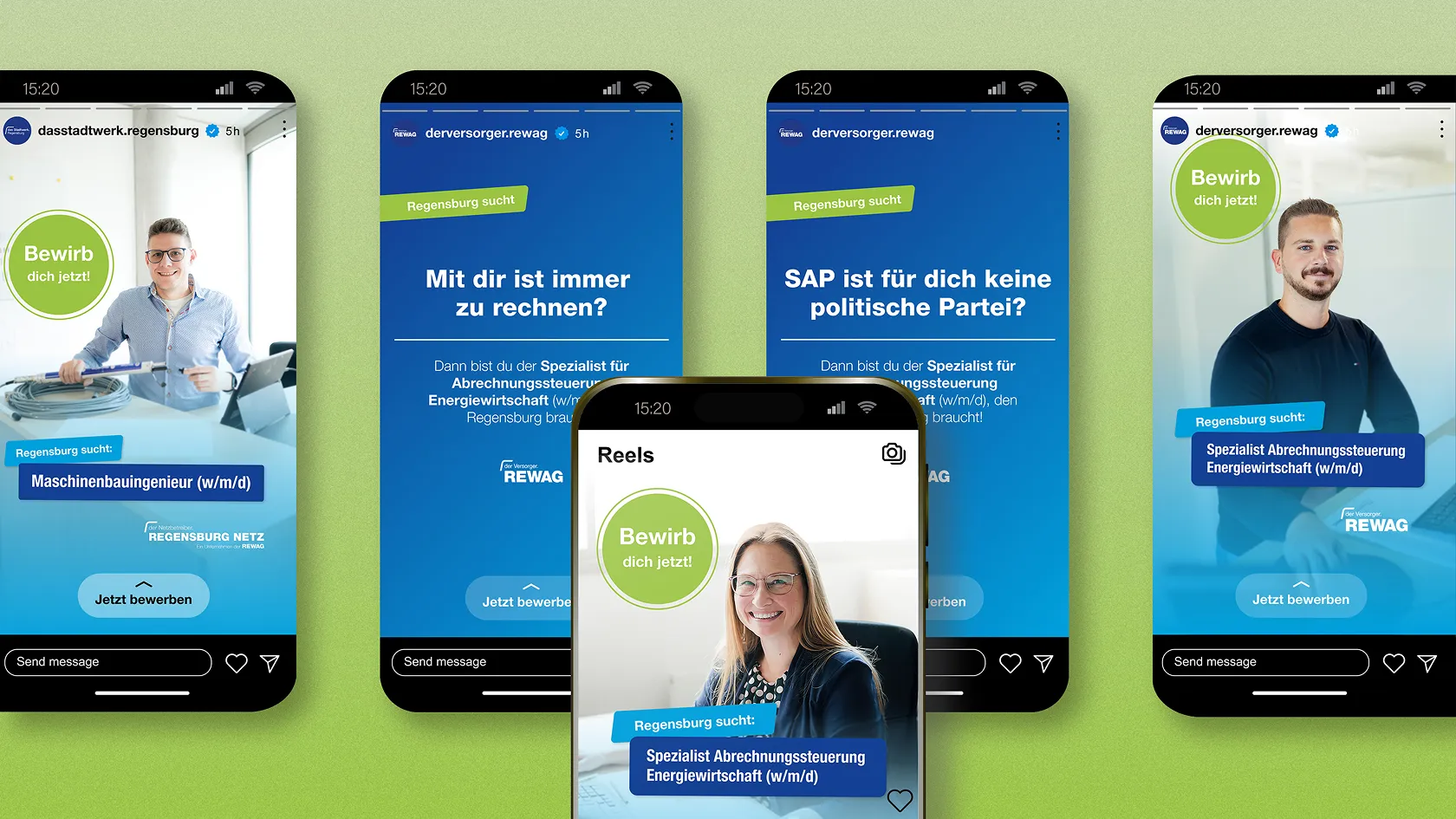 Four Instagram job ads with portraits of young professionals and the request 'Apply now! 'for engineering and energy tax specialists in Regensburg.