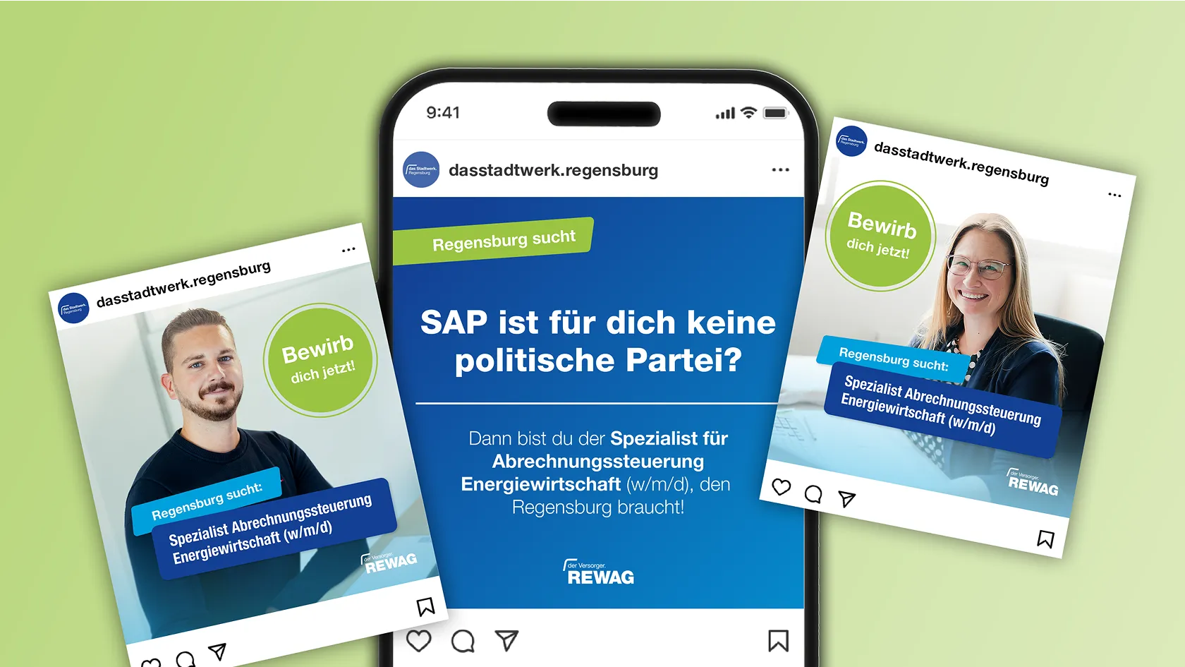 Instagram posts from dasstadtwerk.Regensburg with job ad for specialist billing management energy industry, apply now.