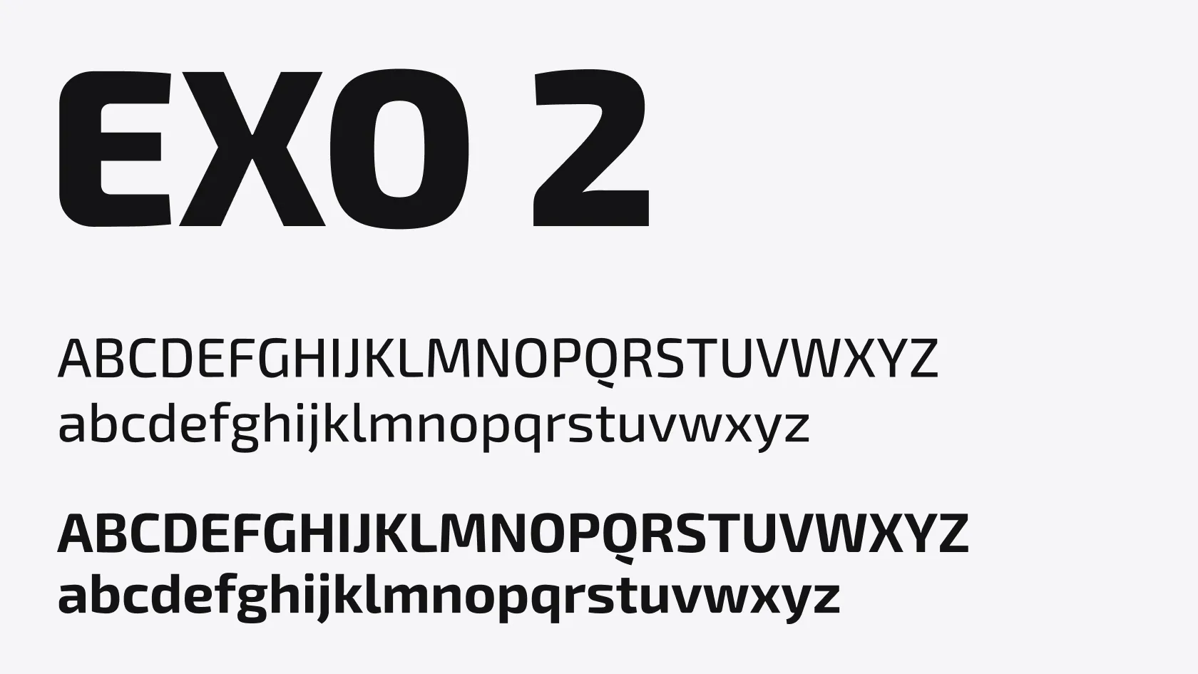 Font sample for EXO 2 with uppercase and lowercase letters in normal and bold.
