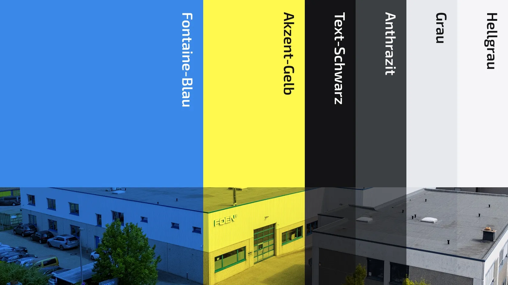 Factory building with coloured overlays in fountain blue, accent yellow, text black, anthracite, grey and light grey with inscriptions.