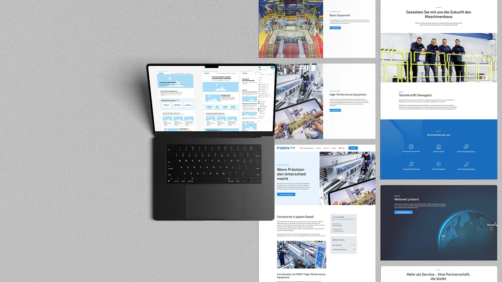 Laptop with open screen shows website design, plus several pictures of industrial plants and employees in a mechanical engineering company.