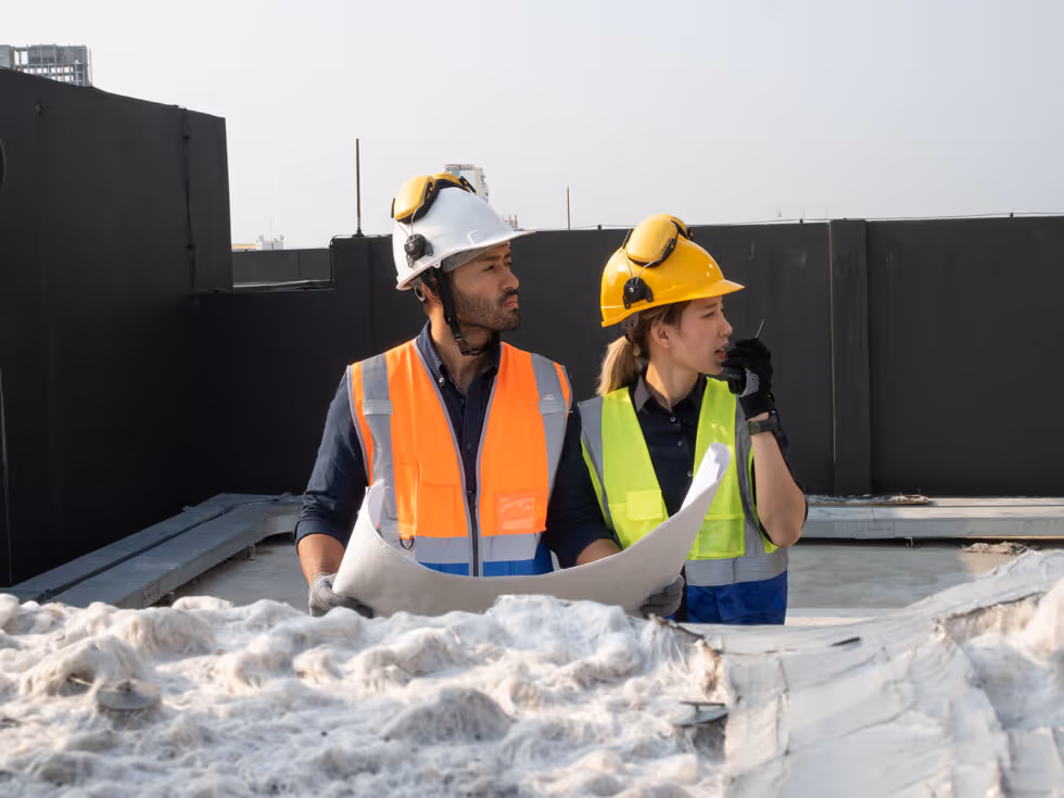 Two construction workers standing on a roof.