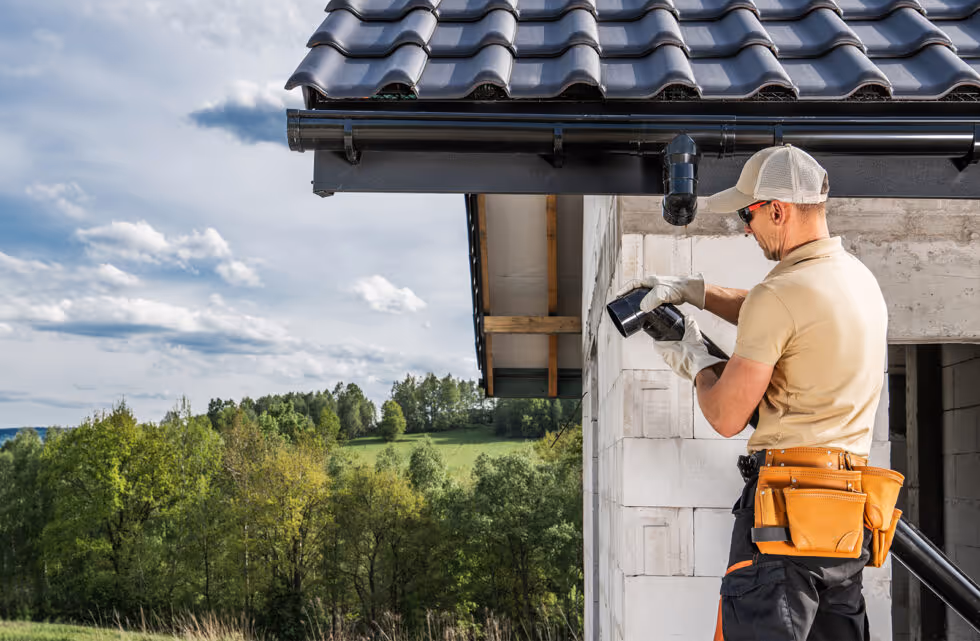 A man working on a roof with a cell phone in his hand.