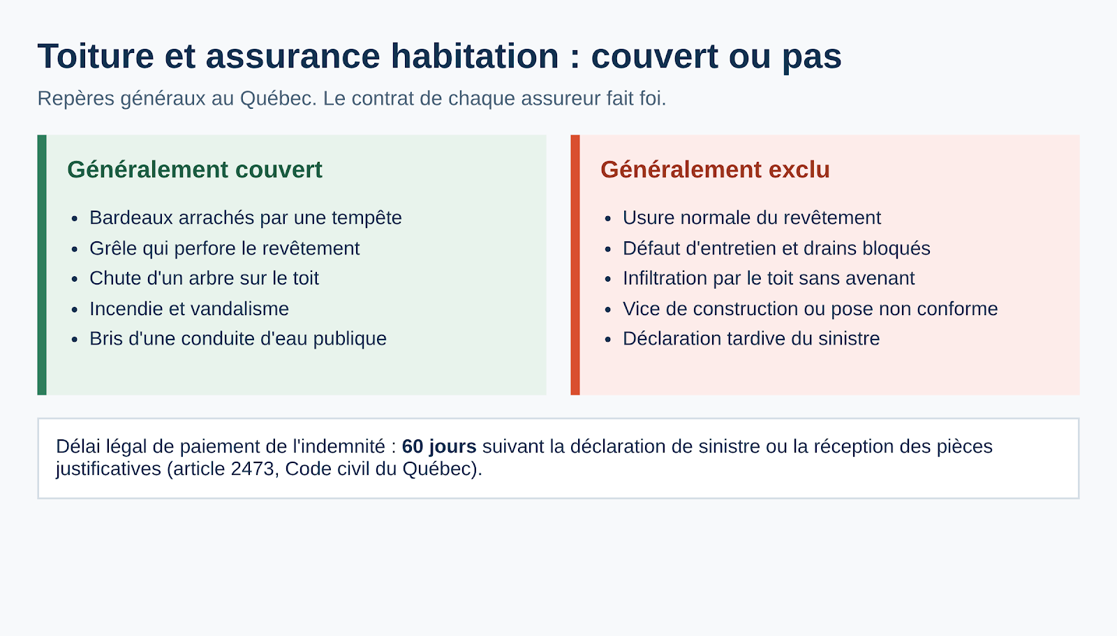 Tableau comparatif des dommages de toiture generalement couverts et exclus par l'assurance habitation