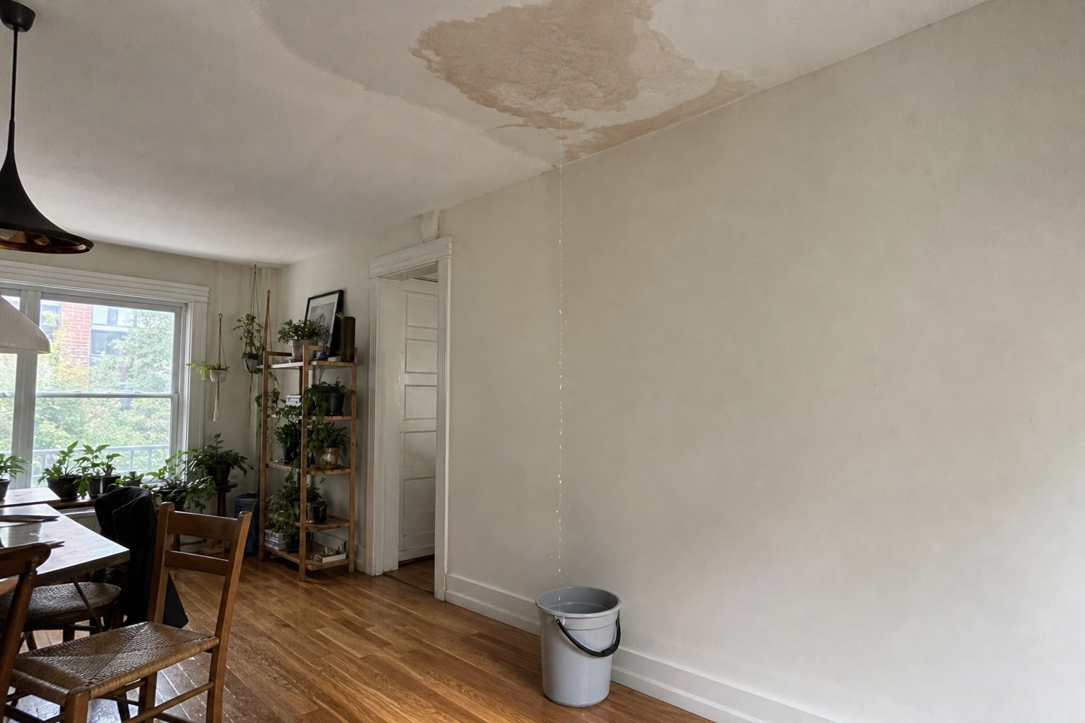 Tache d'eau au plafond et seau au sol dans un logement montrealais apres une infiltration