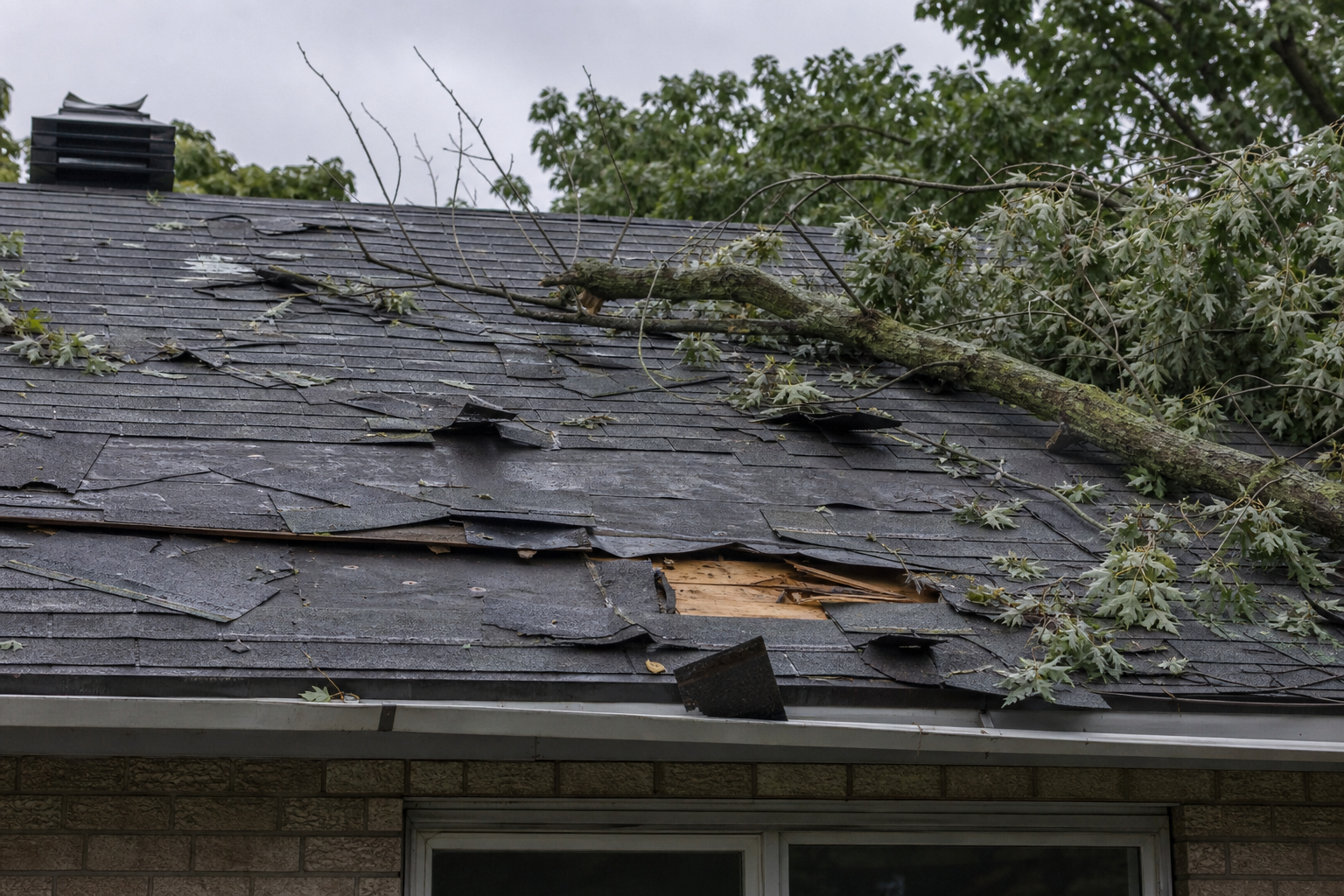 Toiture en bardeaux d'asphalte endommagee par une tempete avec branche tombee