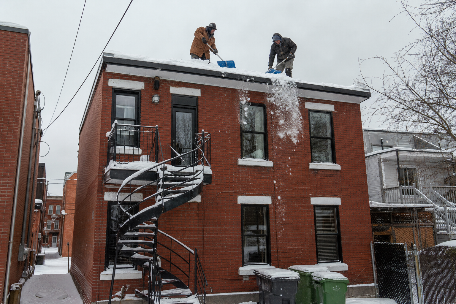 Deux couvreurs deneigent le toit plat d'un duplex en brique rouge de Montreal en hiver