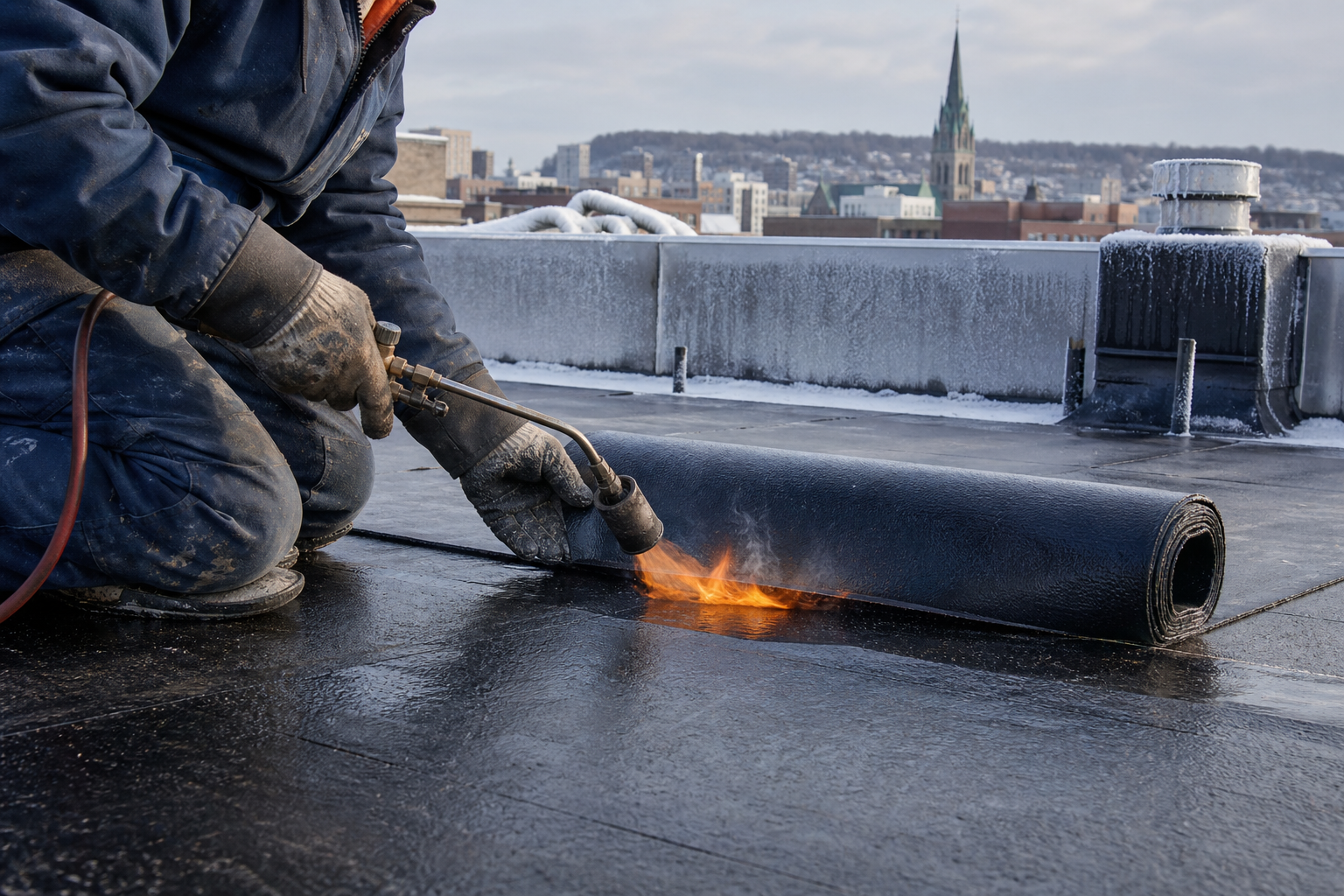 Couvreur soudant une membrane elastomere sur un toit plat montrealais par temps froid