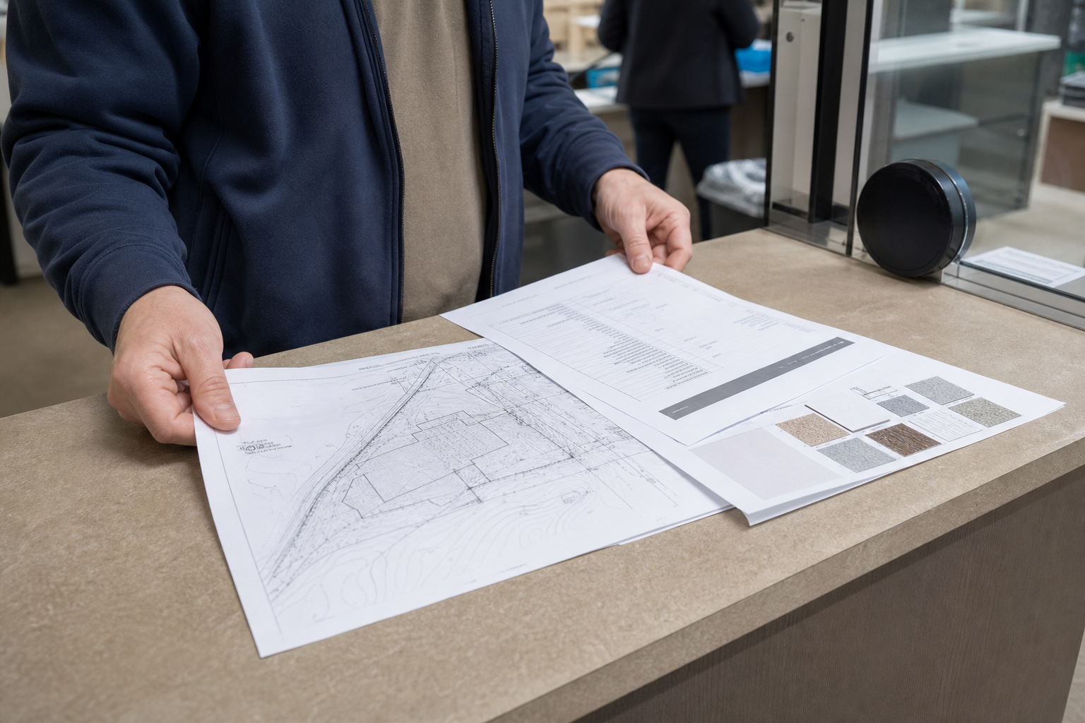 Documents de demande de permis de renovation etales sur un comptoir : plan de localisation, soumission et fiche technique