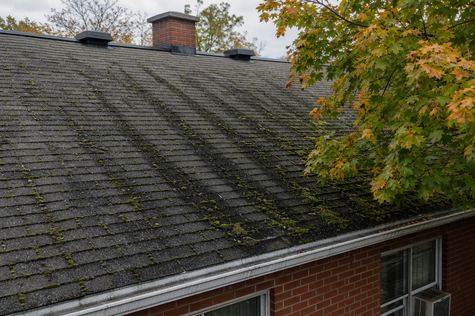 Mousse verte et trainees noires sur les bardeaux d'asphalte d'un duplex montrealais en automne