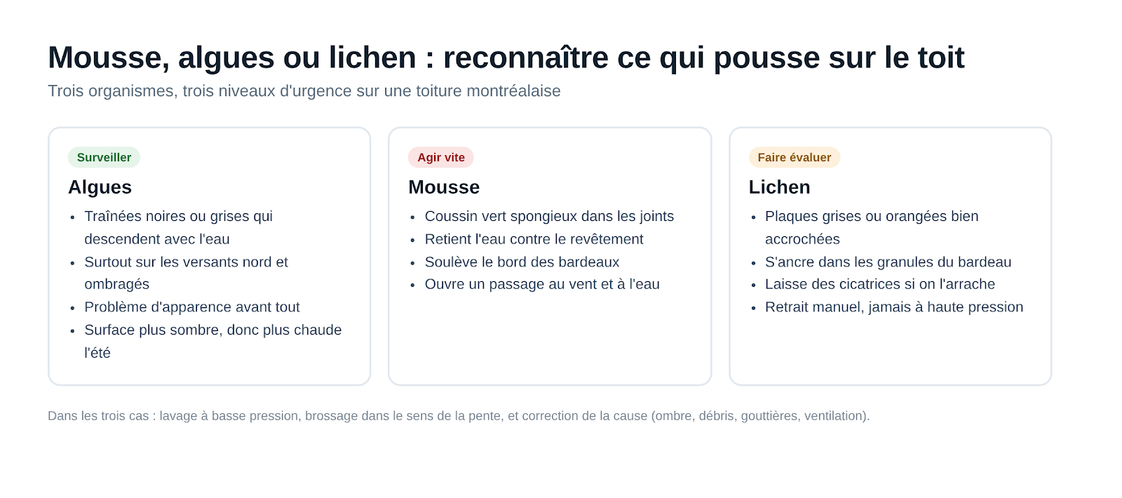 Tableau comparatif des algues, de la mousse et du lichen sur une toiture avec le niveau d'urgence de chacun