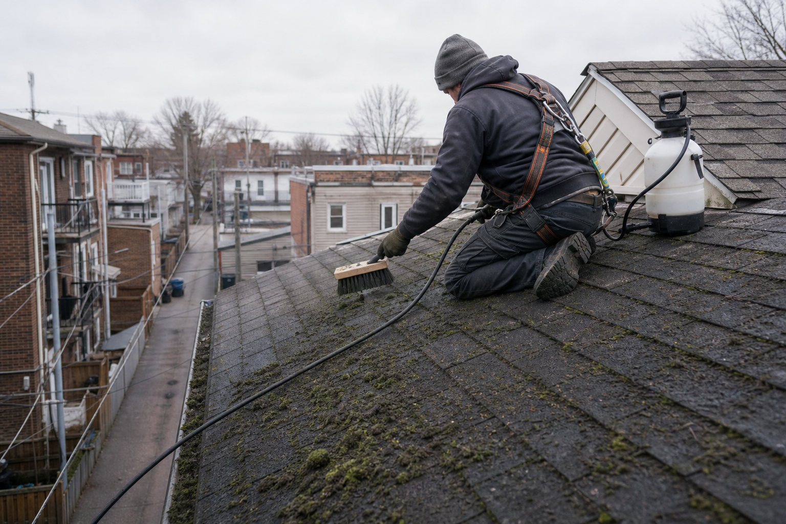 Couvreur harnache brossant doucement la mousse sur un toit en pente d'une ruelle de Montreal