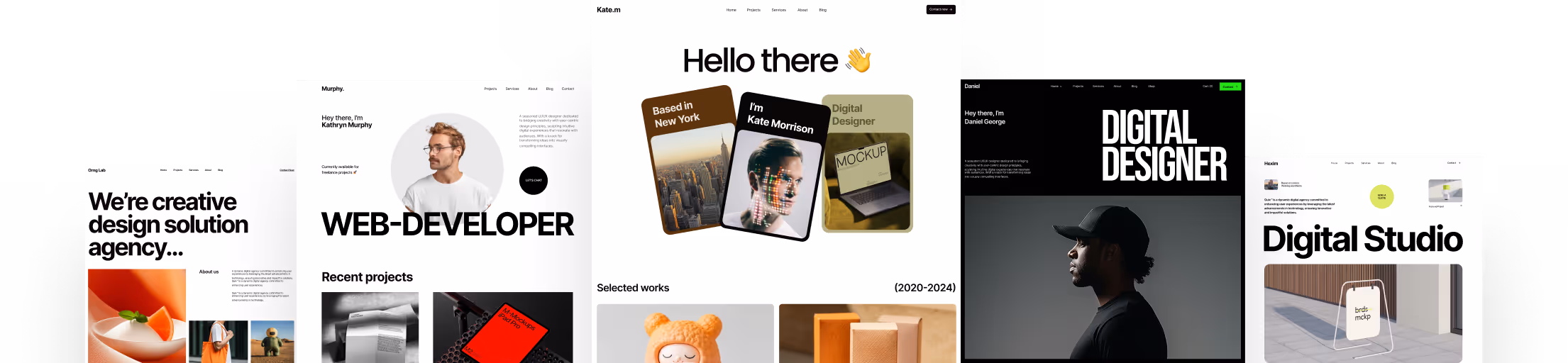 Five different modern personal portfolio website homepages for creative professionals including designers and developers, each with distinct layouts and featured images.
