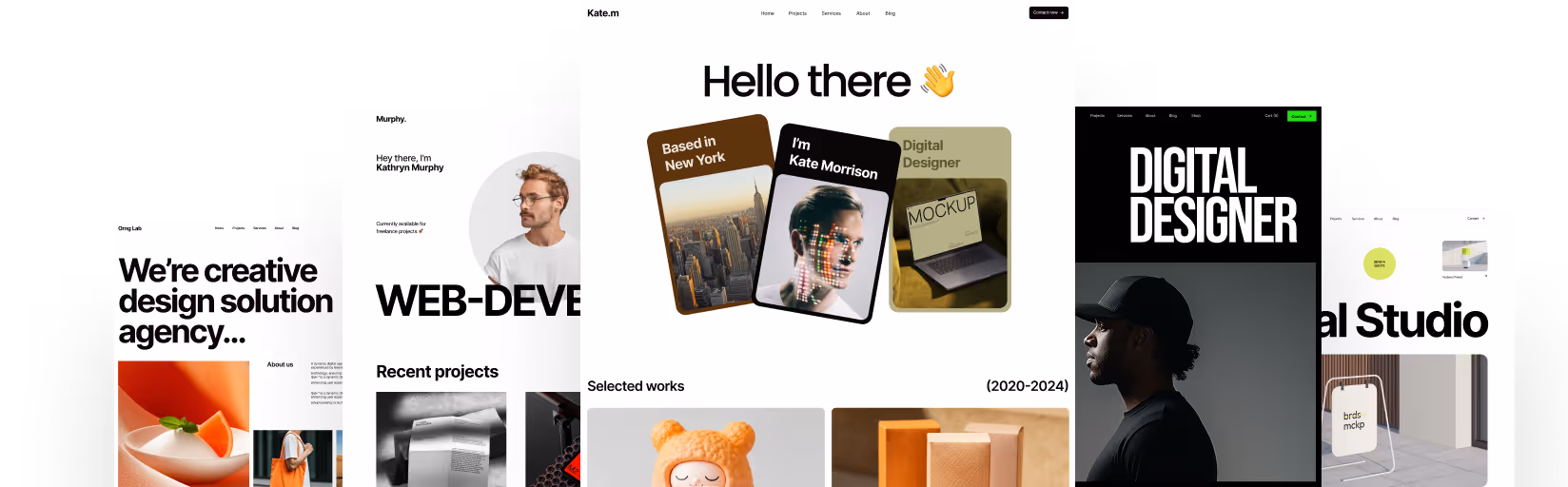 Collage of five creative professional website homepages showcasing design and digital services, featuring portraits, bold text, and project highlights.