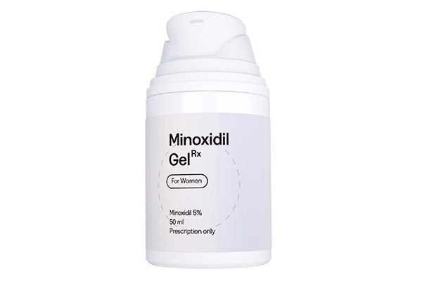 White bottle of Minoxidil Gel Rx for Women 5% 50 ml prescription hair treatment.